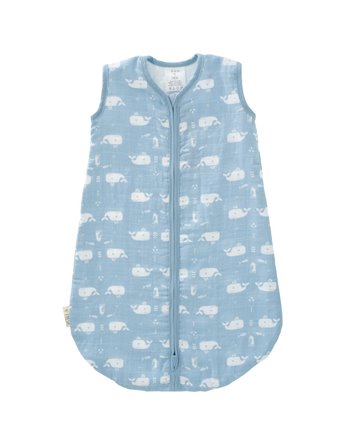 Sleeping bag muslin double layered blue fog Whale wit size: 0-6 m